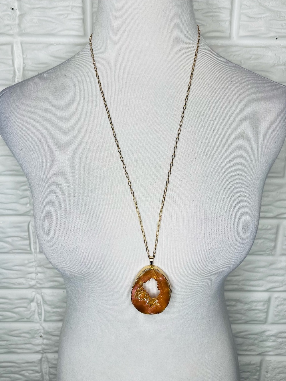 Agate Geode Slice Gold Tone Long Necklace